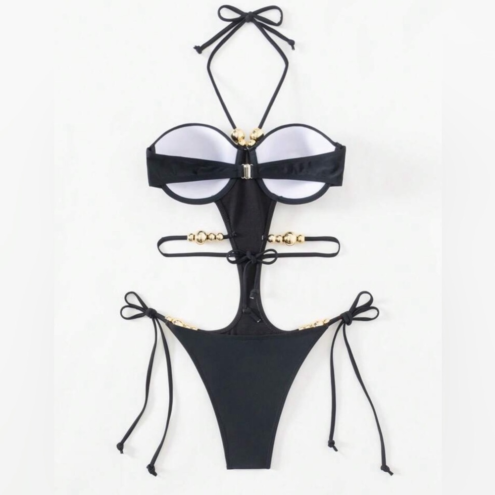 Hot Summer Night Cut-Out Embellished One Piece Halter Swimsuit Bikini - Picture 10 of 10